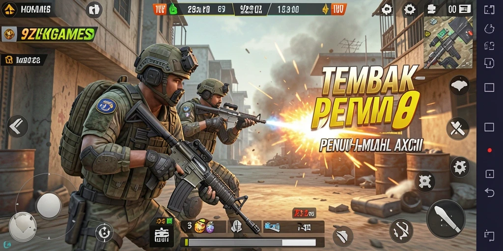 Screenshot gameplay 9ZKGAMES menampilkan aksi tembak-menembak yang mendebarkan.