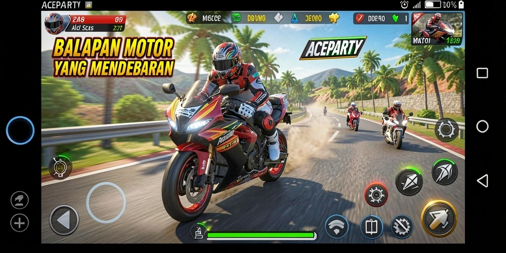 Tampilan utama gameplay ACEPARTY yang mendebarkan dalam balapan motor.