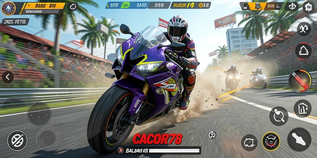 Tampilan utama gameplay motor racing CACOR78 yang penuh aksi.