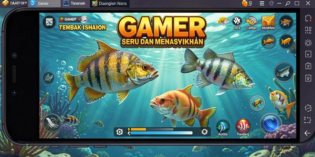 Tampilan gameplay seru dengan penembakan ikan di bawah laut.