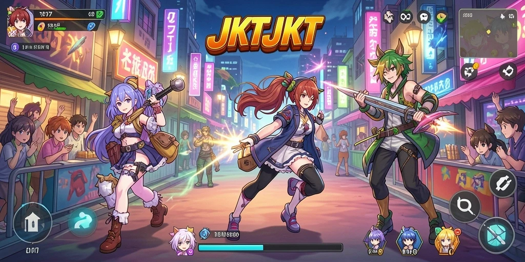 Tampilan gameplay JKTJKT yang penuh warna dan aksi seru.