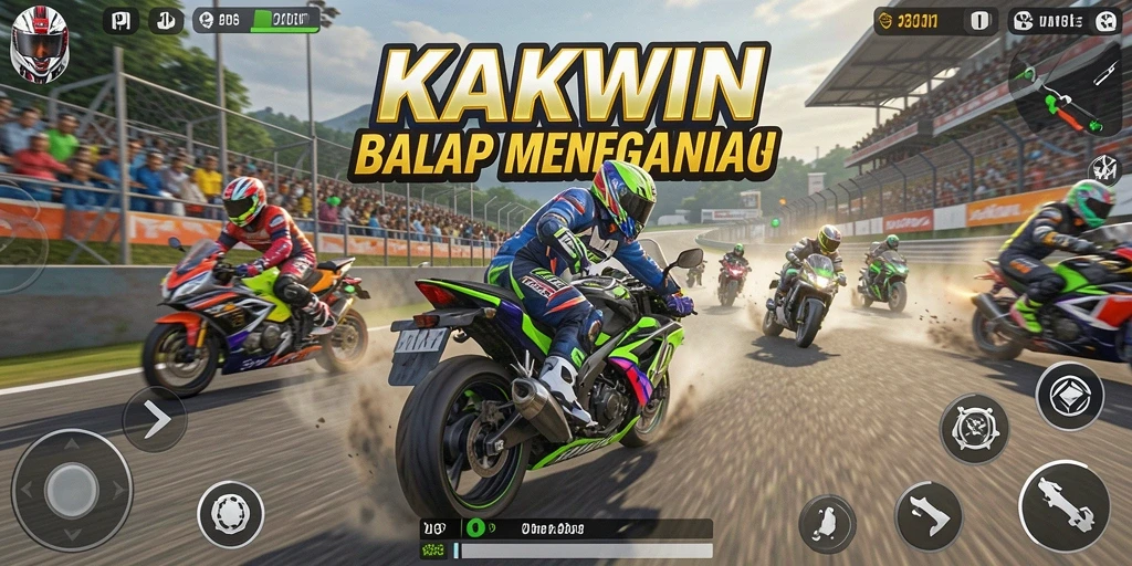 Tampilan utama KAKWIN yang menampilkan aksi balap motor yang mendebarkan.