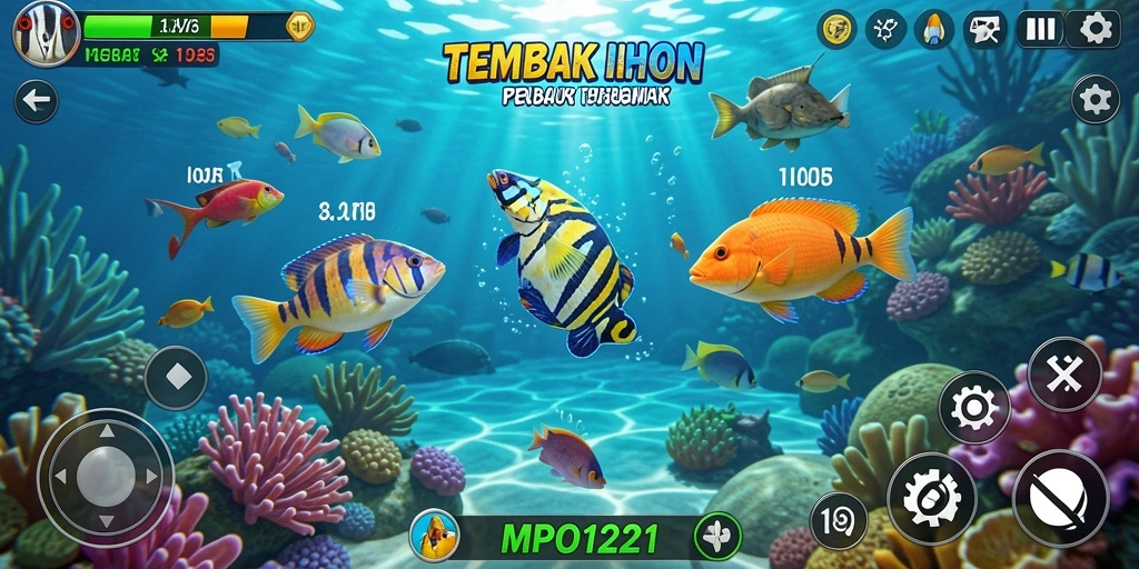 Screenshot utama MPO1221 menampilkan aksi seru menembak ikan.