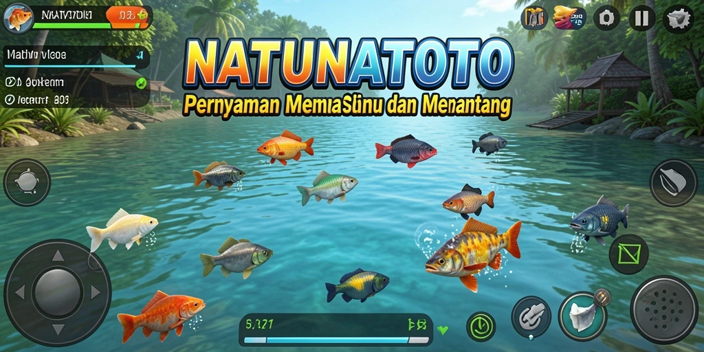 Tampilan gameplay memancing yang seru di NATUNATOTO dengan berbagai jenis ikan.