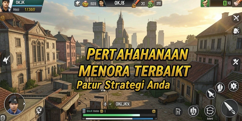 Screenshot gameplay OKJK menunjukkan pertarungan seru menara melawan gelombang musuh.