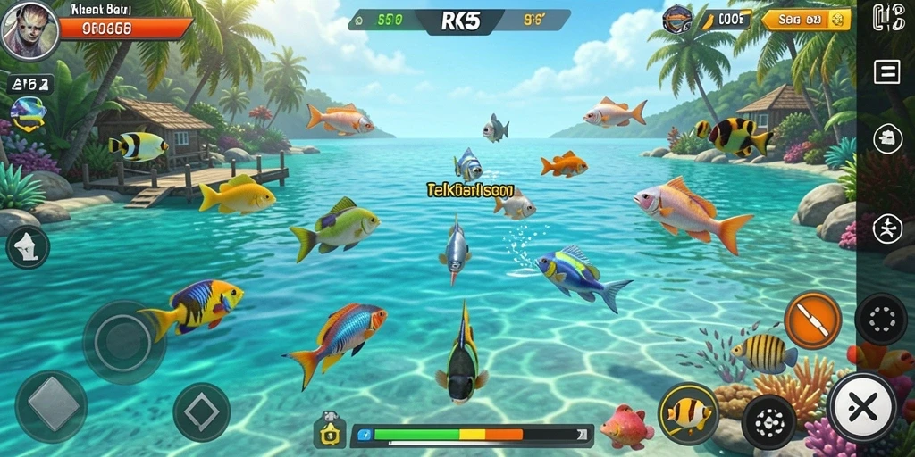Screenshot gameplay RK55 menampilkan aksi menembak ikan yang mendebarkan.