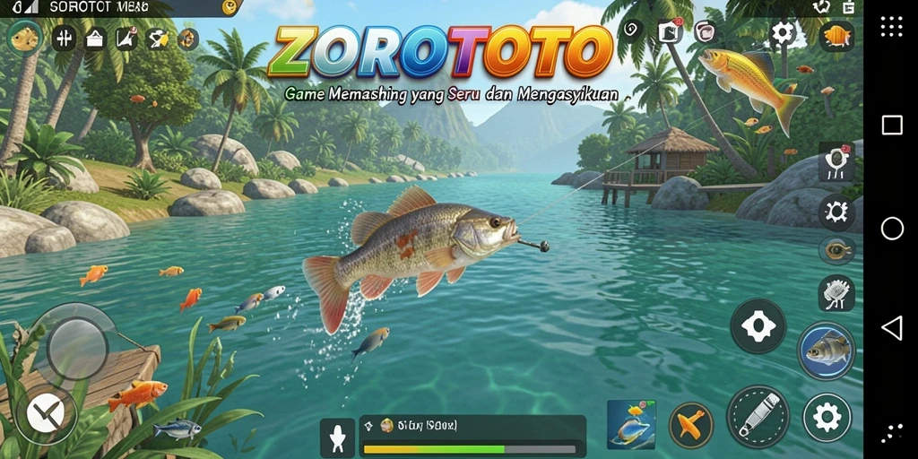 Screenshot gameplay ZOROTOTO menampilkan momen menangkap ikan yang mendebarkan.